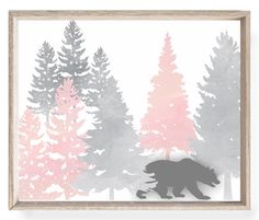 a bear is walking through the woods in pink and grey tones, with trees behind it