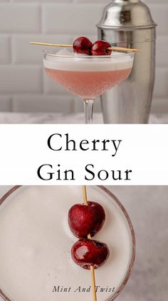 cherry gin sour cocktail in a martini glass with two cherries on the rim, and one