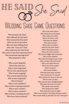 a pink poster with black text that says, the said she saw wedding shoe game questions