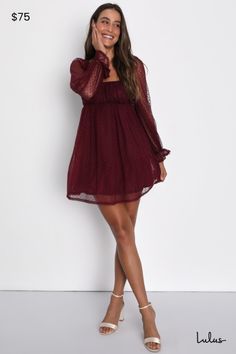 Grab your favorite heels and head out the door looking like a real-life dream in the Lulus Dreamy Sweetness Burgundy Swiss Dot Ruffled Mini Babydoll Dress! This ultra-sweet dress features a gauzy sheer mesh overlay with darling Swiss dots throughout that shapes a square neckline, a gathered bodice, and sheer long sleeves with ruffled, elasticized shoulders and cuffs. High waist sits atop a cute babydoll skirt (with a layer of tulle for a voluminous effect) that ends at a flirty mini hem. Hidden back zipper/clasp. Fit: This garment fits true to size. Length: Mid-thigh. Size medium measures 31" from shoulder to hem. Bust: Great for any cup size. Waist: Fitted - very fitted at natural waist. Hip: Not Fitted - fuller skirt allows room for hips. Undergarments: May be worn with a strapless bra, Maroon Dress Outfit, Christmas Dresses Women, Babydoll Dress Outfit, Babydoll Skirt, Mini Babydoll Dress, Long Sleeve Babydoll Dress, Gathered Bodice, Christmas Dress Women, Valentines Day Dresses