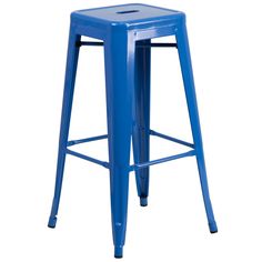 the backless metal stool is blue and has a square seat on one side, while the