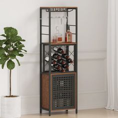 the wine rack is next to a potted plant