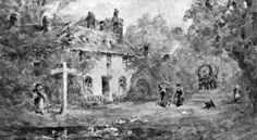 an old drawing of people walking in front of a house