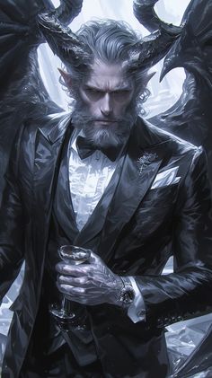 a man in a tuxedo holding a wine glass with wings on his head