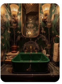 a green sink sitting under a mirror next to a wall mounted faucet in a bathroom