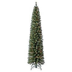 a tall christmas tree with lights on it's sides and the top half turned upside down