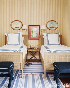 two twin beds in a room with striped walls