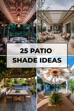 25 different patio shade ideas arranged in a collage, featuring covered, pergola, and umbrella options. Outdoor Decks And Patios Awesome Ideas, Sun Shades For Patio, Backyard Shade Ideas, Patio Shade Ideas, Patio Cover Ideas, Patio Covering, Deck Shade, Portable Shade, Patio Sun Shades