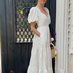 Nwot Mille Ecru Eyelet Maxi Dress. Fitted Waist, V-Neck, Short Puff Sleeves, Tiered Skirt. Zips In Back, Pockets. Perfect For Any Event For A Bride To Be! Xxs Fits Most Us 0, Xs Fits Most Us 2 . Short Sleeve Midi Dress With Broderie Anglaise For Brunch, Broderie Anglaise Midi Dress With Short Sleeves For Brunch, White Eyelet Dress Outfit, Maxi Puff Sleeve Dress, Eyelet Dress Outfit, Sleeveless Dress Casual, Lilly Pulitzer Maxi Dress, Eyelet Maxi Dress, Formal Bridesmaids Dresses