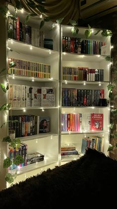 a bookshelf filled with lots of books next to a window covered in lights