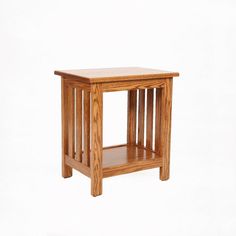 a small wooden table on a white background