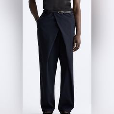 Zara Limited Edition. Relaxed Fit Pants. Front Pockets And Back Double Welt Pockets. Front Wrap Closure With Zipper, Hidden Metal Hook, And Buttons. Outer Shell 69% Polyester 30% Viscose 1% Elastane New With Tags. Navy Color. Difference In Color Due To Camera Flash. Men’s Sizing Us 30. Sold Out On Line. Wrap Pants Men, Modern Blue Pants With Belt Loops, Modern Blue Bottoms For Business Casual, Modern Business Casual Blue Bottoms, Modern Blue Business Casual Bottoms, Modern Blue Tapered Leg Pants, Modern Trousers With Belt Loops, Modern Wide Leg Blue Pants, Modern Blue Wide Leg Pants