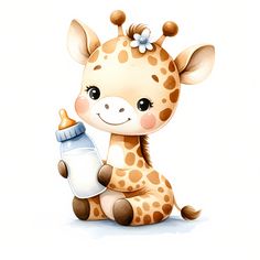 a baby giraffe holding a bottle and smiling