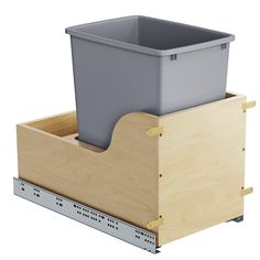 a wooden box with a plastic container in the bottom and an empty bin on top