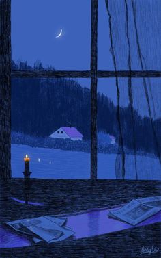 an open window with a view of the water and a lit candle in front of it