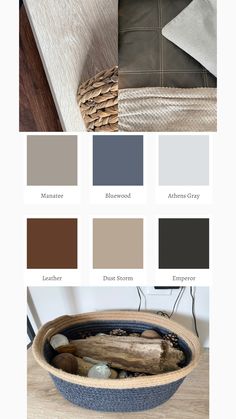 the color scheme for this living room is brown, gray and white with neutral accents