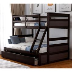 a bunk bed with a pull out trundle and drawers underneath it in a bedroom