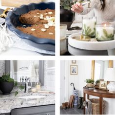 four different pictures with candles, dishes and decorations on the kitchen counter top in various stages of being decorated