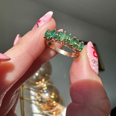 Emerald Half Band Ring In A Size 6 And It Is 14k Yellow Gold. Estimate Dated 1940s Please Note That All My Pieces Are Pre-Owned And Pre-Loved Unless Noted Otherwise. They Will Have Patina, Surface Wear, A Few Small Nicks. These Pieces May Also Have Evidence Of A Sizing, Some Build Up Around The Stones And / Or Inclusions Seen Under Magnification, Typical For Antique Pieces. If There Are Any Glaring Issues I Will Point Them Out! Pictures Also Serve As Part Of The Description And Condition Report So Please Utilize The Zoom Feature. Out Pictures, Ring Color, Womens Jewelry Rings, Band Ring, Band Rings, Patina, Emerald, Gems, Yellow Gold