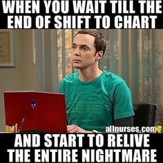 a man sitting in front of a laptop computer with the caption when you wait till the end of shift to chart and start to receive the entire nightmares