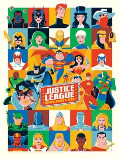 the justice league movie poster is shown in multiple colors and sizes, with characters from all over the world