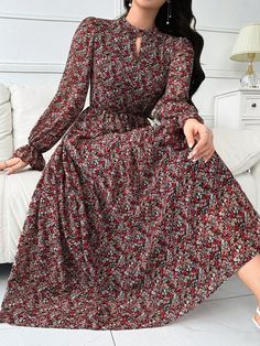 Ditsy Floral Print Keyhole Neckline Flounce Sleeve Belted Dress Red Boho  Long Sleeve Woven Fabric Ditsy Floral,All Over Print A Line Non-Stretch  Women Clothing, size features are:Bust: ,Length: ,Sleeve Length: Long Dress Sewing Patterns, Cute Fall Dresses, Women's A Line Dresses, Long Sundress, Ditsy Floral Dress, Kurti Designs Party Wear, Red Boho, Boutique Dress Designs, Stylish Dresses For Girls