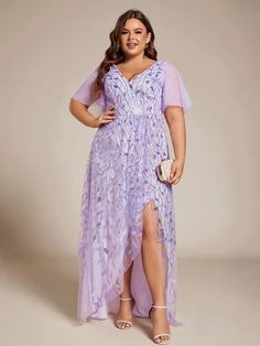 Plus Size Short Sleeves Sequin High Low V-Neck Midi Formal Evening Dress #color_Lavender Midi Evening Dresses, Formal Maternity Dress, Evening Midi Dress, Silhouette Dress, Radiate Confidence, Formal Evening Dress, Mob Dresses, Affordable Dresses, A Line Dresses