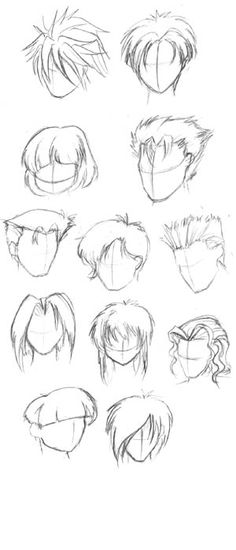 an image of the head and shoulders of various anime characters, drawn in pencil on paper