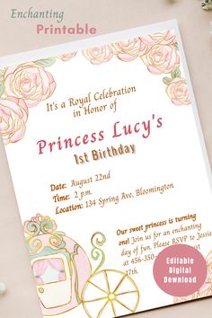 a princess birthday party is set up with pink roses and carriage on the front, along with an envelope that says it's a royal celebration