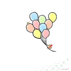 a drawing of a bunch of balloons floating in the air with a cat on top