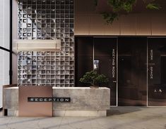 an entrance to a building with glass blocks on the wall and a bonsai tree in front