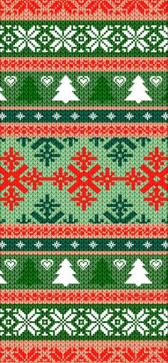 a knitted christmas sweater pattern with trees and snowflakes on red, green and white