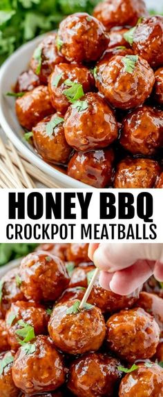 honey bbq crockpot meatballs on a platter with text overlay