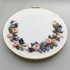 a white embroidery hoop with pink and blue flowers on it