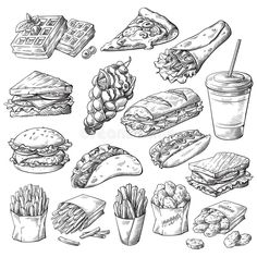 hand drawn fast food set stock photo, royalty illustration and clip art freehand images