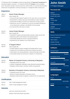 a blue and white resume template for an it project manager