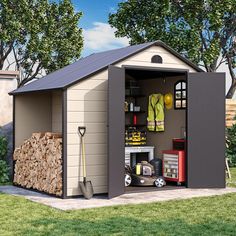 a shed with the doors open and tools in it