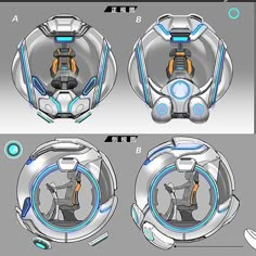 four different views of the inside of a robot suit, with blue and white details