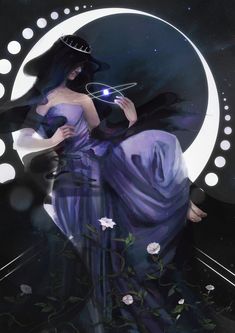 a woman in a purple dress is holding a crystal ball and standing on a moon