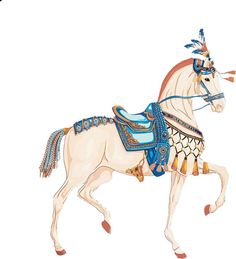 a drawing of a white horse with blue and gold decorations