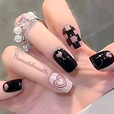 Short Nails Pink, Nails Pink Black, Nails Color Black, Pattern Nails, Nails Press Ons, Impress Nails, Space Nails, Long Lasting Nail Polish, Nail Sets