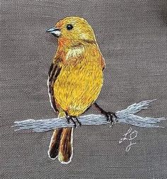 a drawing of a yellow bird sitting on a branch with its beak open and eyes closed