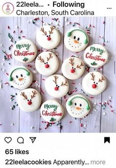 christmas cupcakes decorated like snowmen and reindeer faces with merry lettering on them