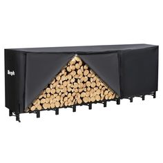 a black firewood log rack with logs stacked in it