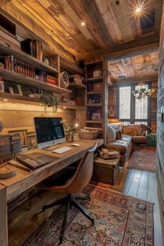 Cozy rustic home office with wooden walls, shelves filled with books, and a comfortable seating area by the window. Small Cosy Office, Dream Office Cozy, Small School Room Ideas, Home Office Cabin, Cosy Office Design, Home Design Office, Loft Study Room, Cozy Room Ideas For Small Rooms