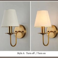 two pictures of the same wall light, one with a white shade and one with a gold finish