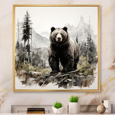 a painting of a bear is hanging on the wall