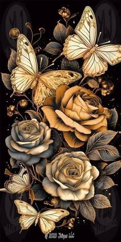 a painting of roses and butterflies on a black background