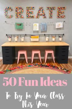 a desk with two chairs and some pictures on the wall above it that says 50 fun ideas to try in your class this year