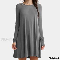 Olivia Mark - Solid Color Long Sleeve Dress Womens Beach Dresses, Loose Mini Dress, Round Neck Casual Dress, Boho Beach Dress, Casual Chique, Estilo Boho Chic, Women Long Sleeve Dress, Mini Robes, Crewneck Dress